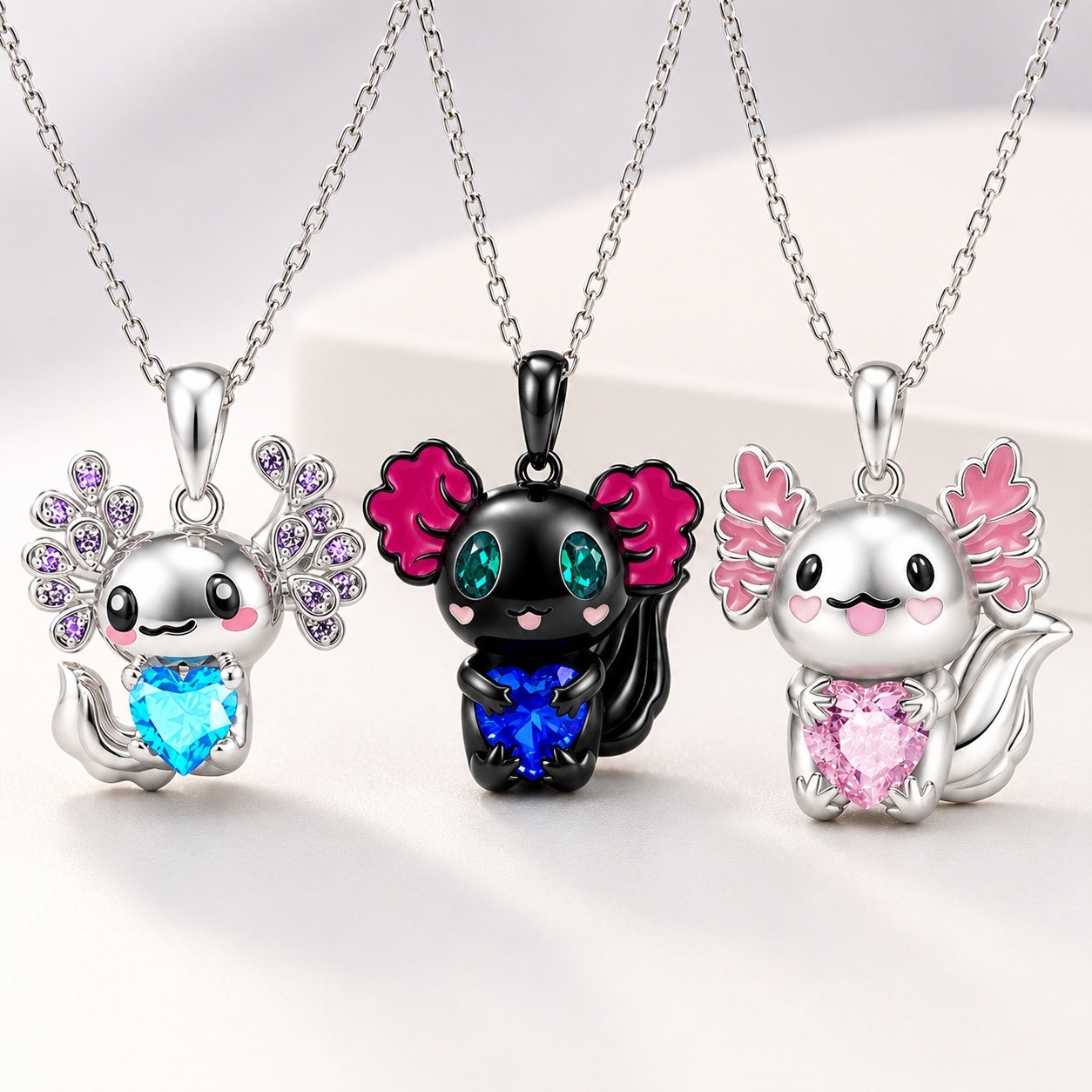Pendant Necklace Rhinestone Axolotl Enamel Aquamarine Deep Pink Capri Blue N103
