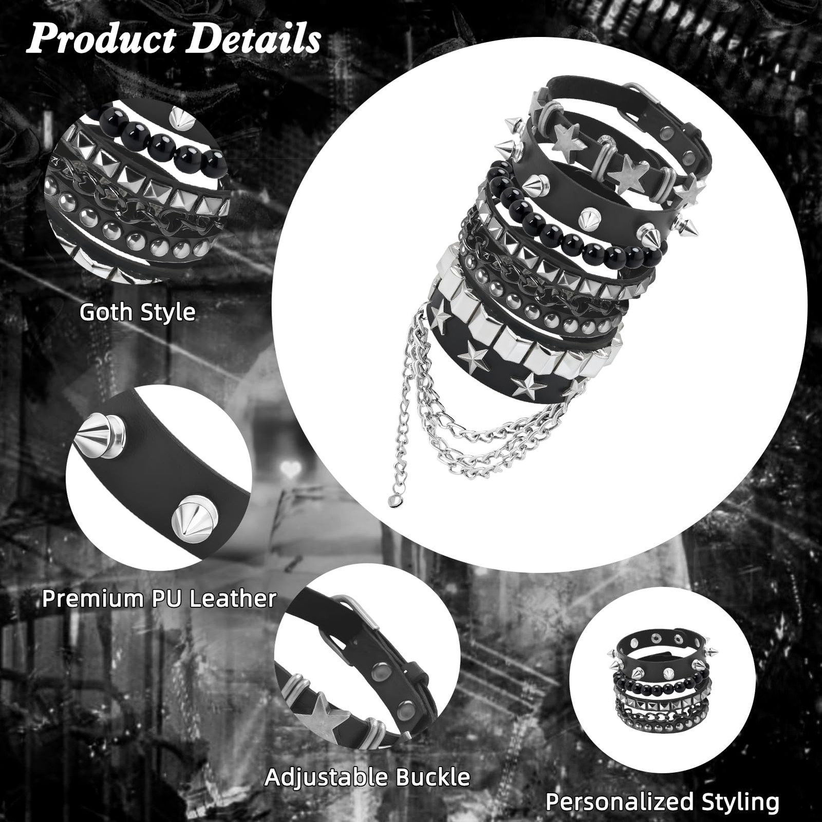 Studded Spike Punk Bracelets 5 Pcs PU Leather Goth Grunge Y2K Wristband Set