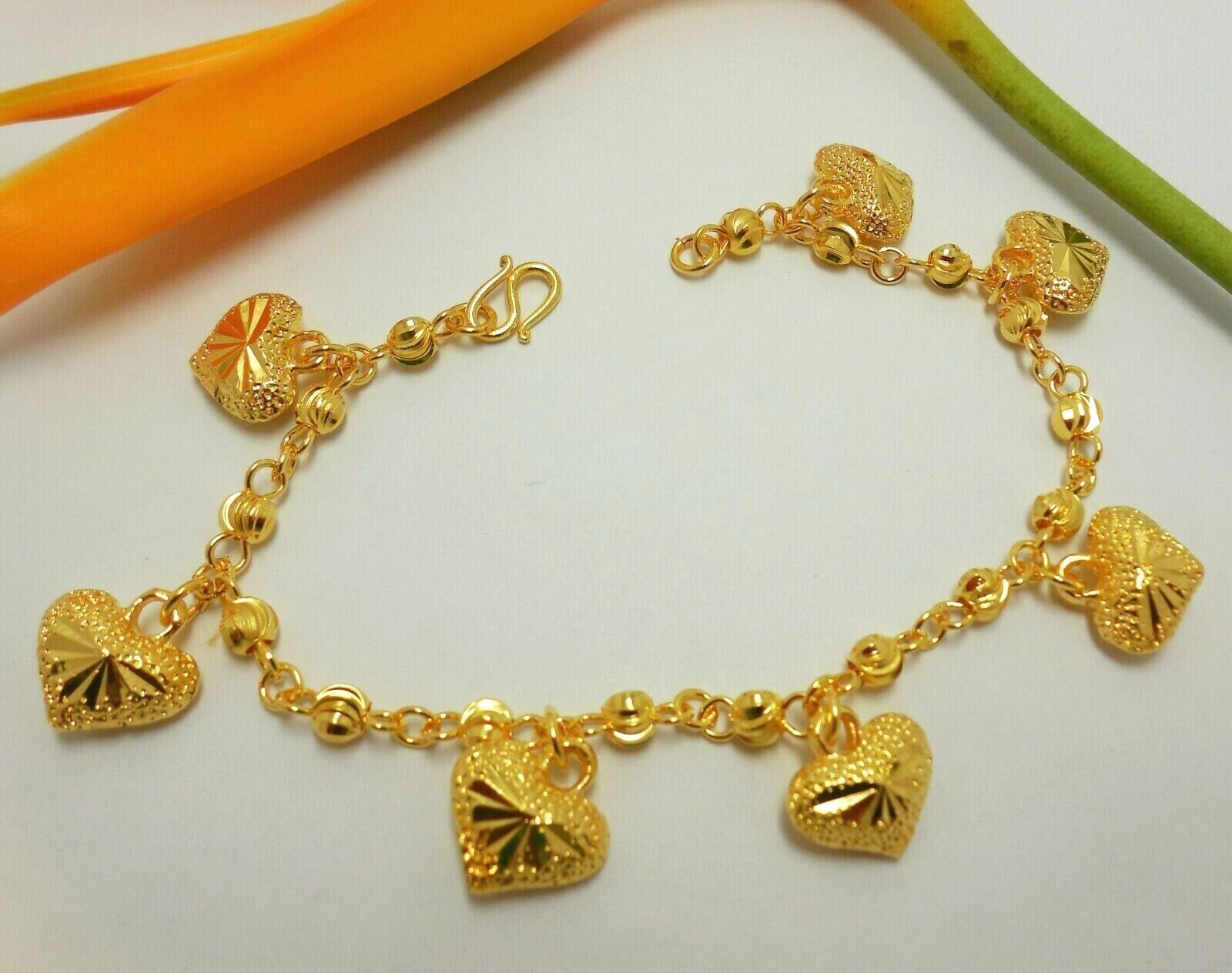 Hearts 22K 24K Thai Baht Yellow Gold Plated Bracelet Bangle Jewelry Women 7 inch