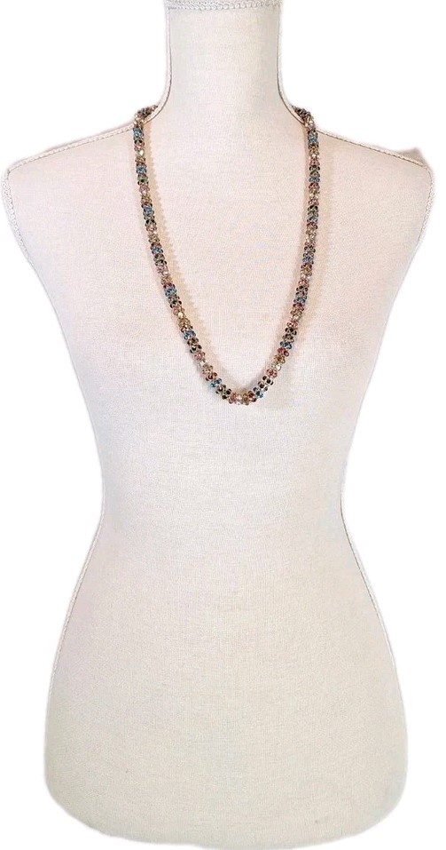 NWOT BETSEY JOHNSON Signed Funfetti Mesh Rainbow Crystals GoldTone Rope Necklace