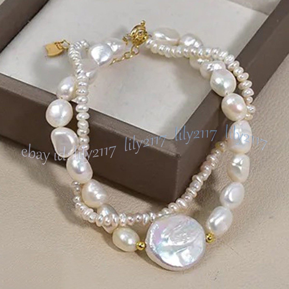 2 Rows Genuine Natural White Freshwater Baroque Pearl Coin Pearl Bracelet 7.5 in