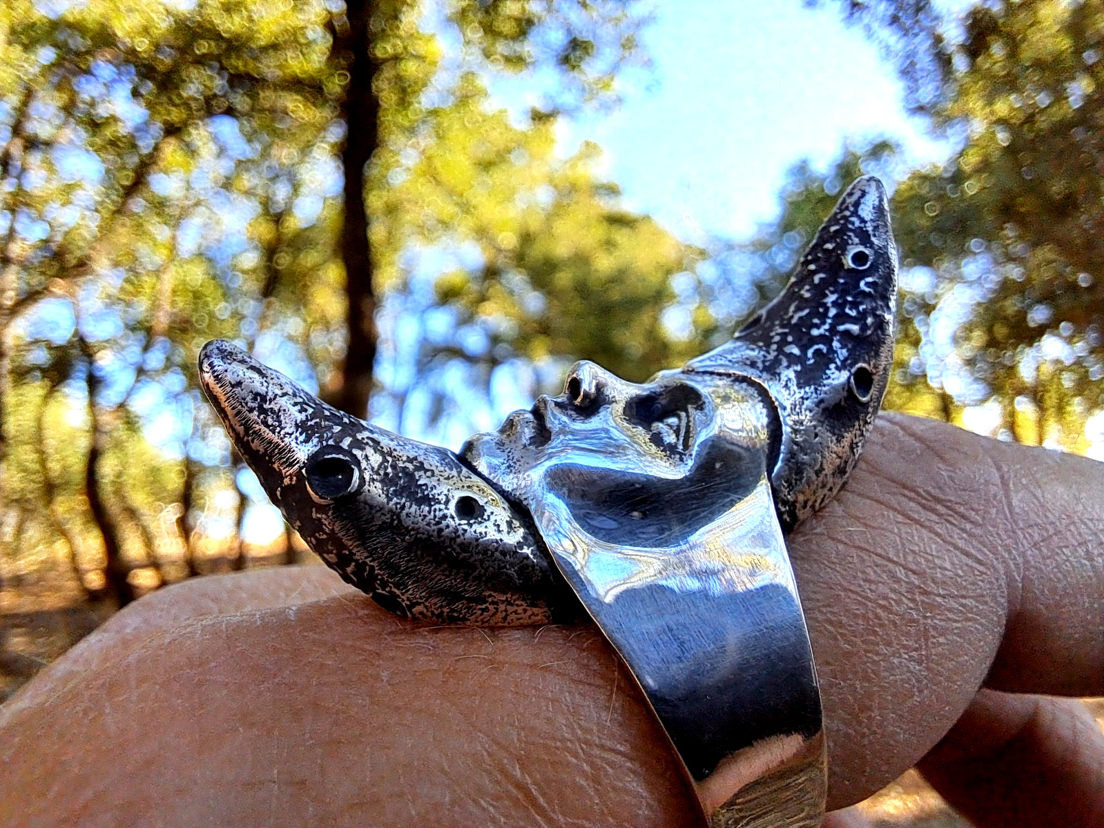 Moon Goddess Silver Ring, Crescent Moon Face Ring