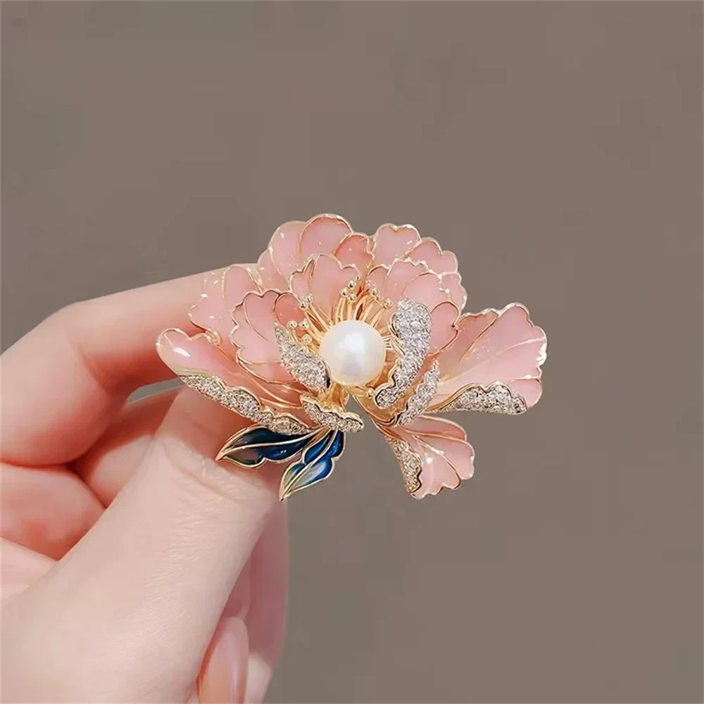 Blue Pink Peony Flower Brooch Pin Imitation Pearl Floral Rose Bouquet Badge