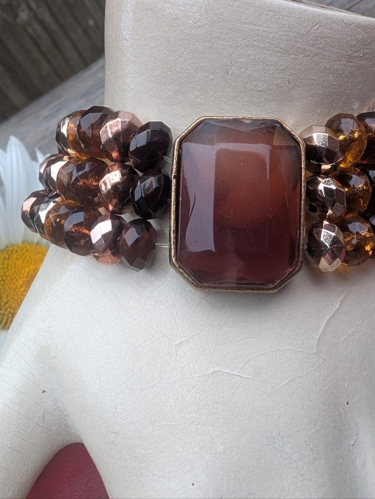 Cookie Lee Amber and Brown Faceted Bead Stretch Bracelet with Center Stone