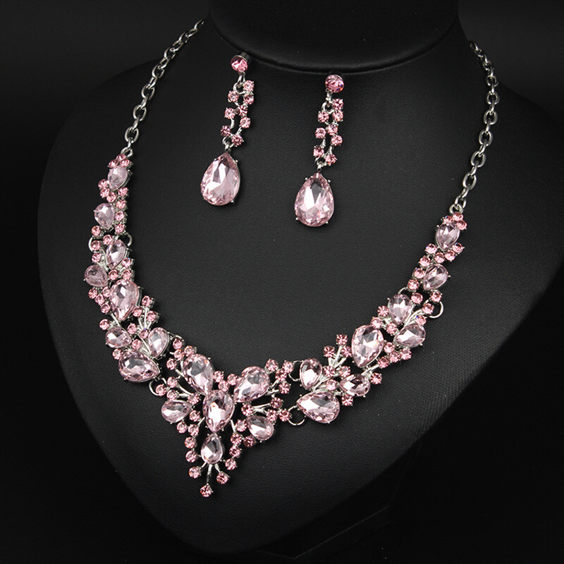 Crystal Gem Necklace Earrings Bridal Jewelry Set Statement Christmas Party Gift