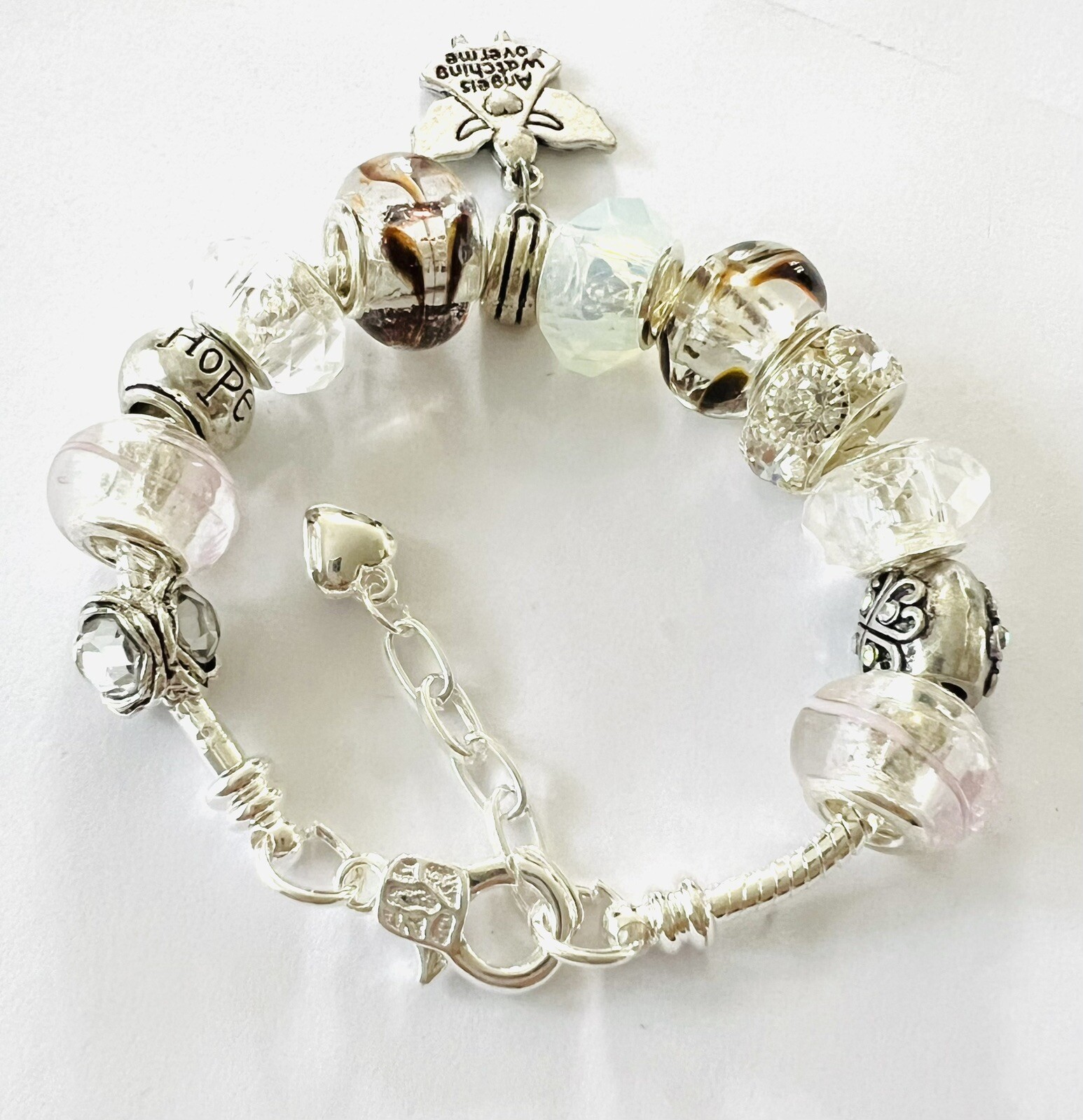 White & Silver Angel Birthday, Anniversary, European Charm Bracelet 5.5-6.5”