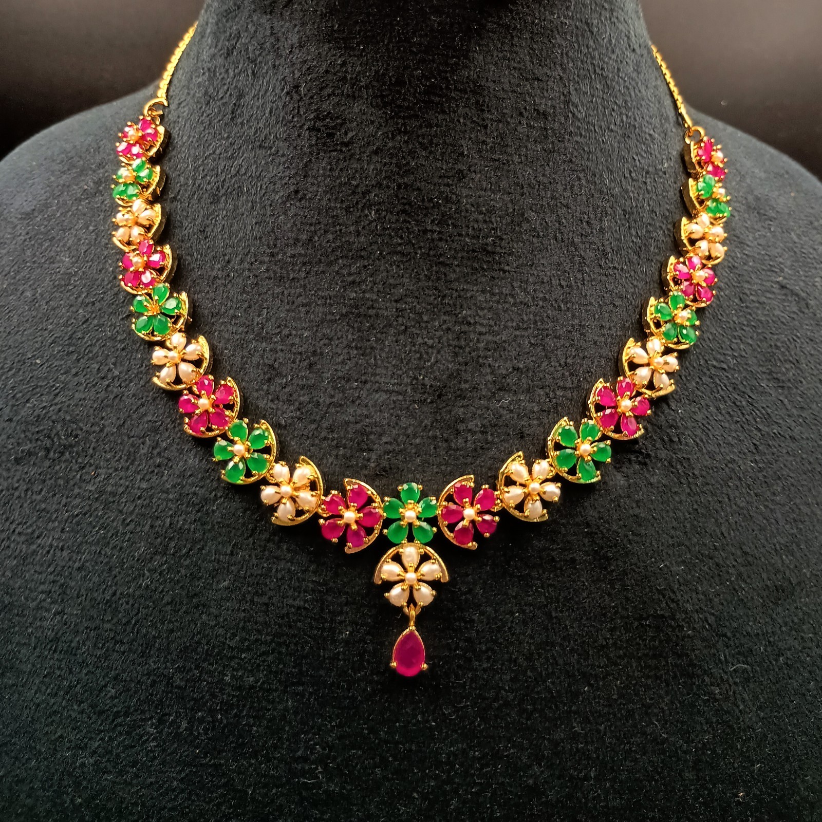 Vintage Flower Ruby Emerald Pearl Jewelry Set 22K Gold Plated Necklace Wedding G