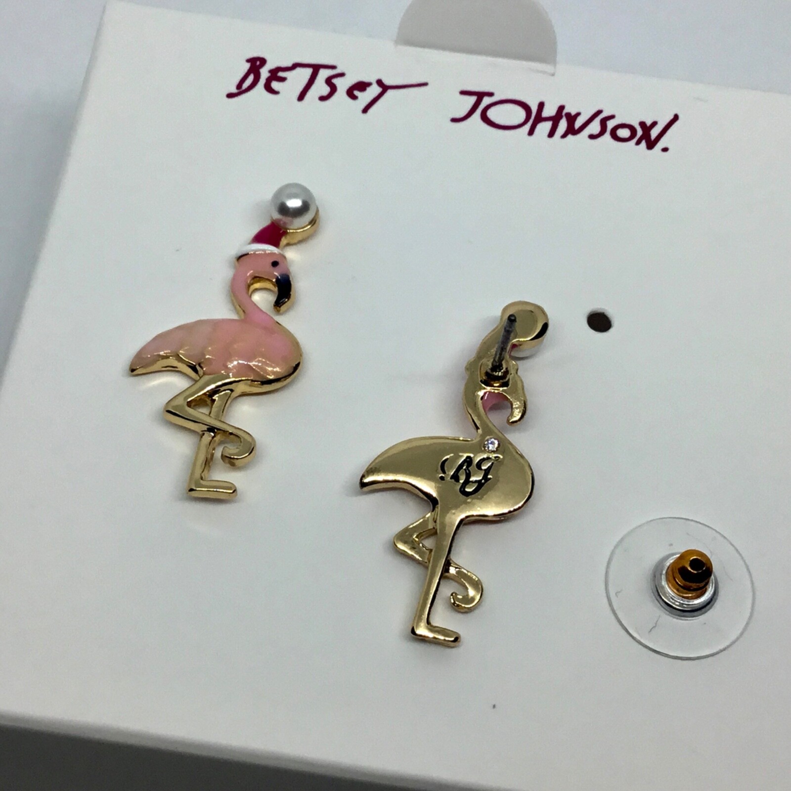 Betsey Johnson Signed Christmas Flamingo in Santa Hat Post Earrings NIB