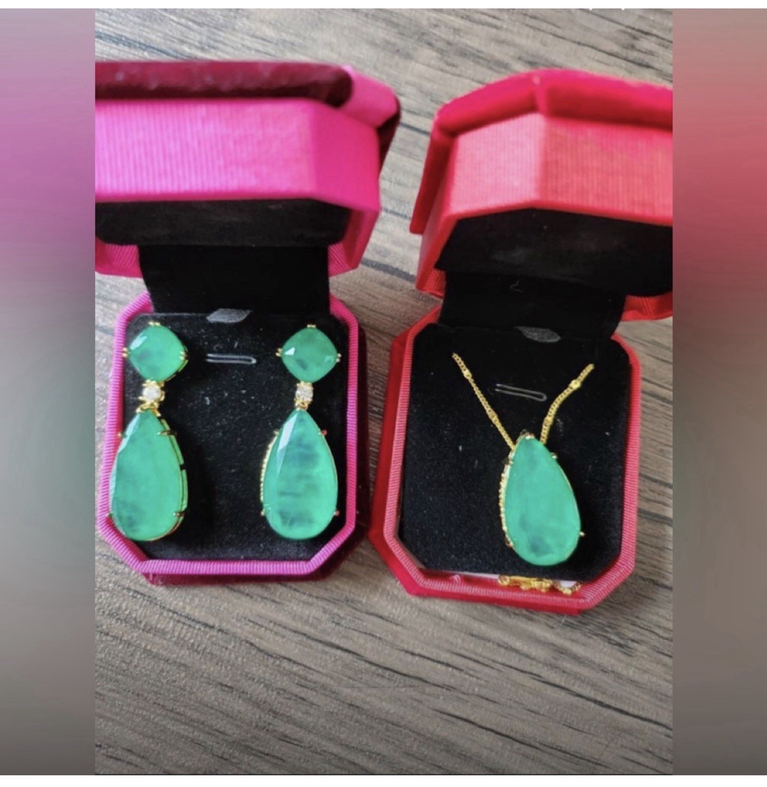 Green Pear 100% Zambian Emerald Necklace & Earrings Jewelry Elegant Teardrop