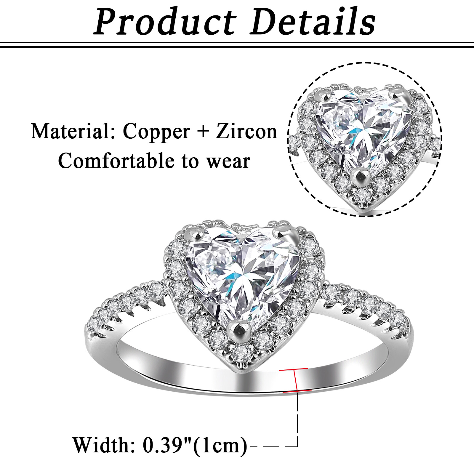 Women Stainless Steel Heart Cubic Zirconia CZ Solitaire Engagement Wedding Ring