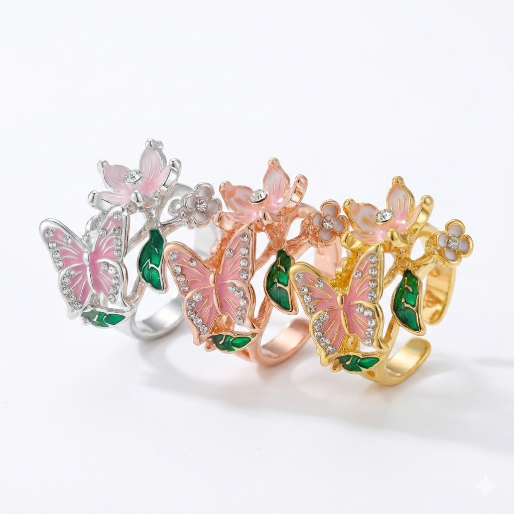 [US STOCK] Butterfly Flower Enamel Ring 18K Gold Silver Rose Gold Plated Open