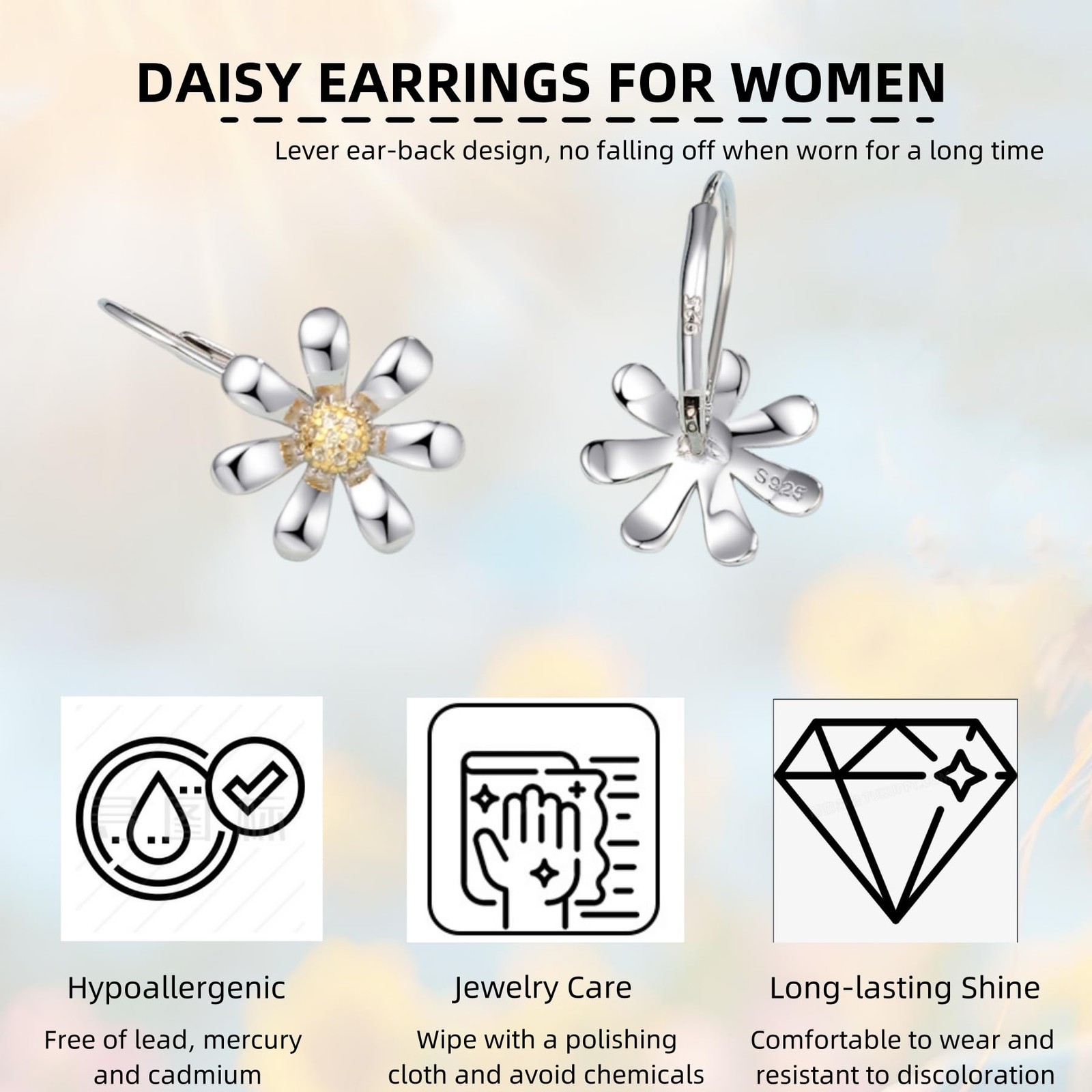 Daisy Earrings 925 Sterling Silver Leverback Drop Dangle Earrings for Women 1…