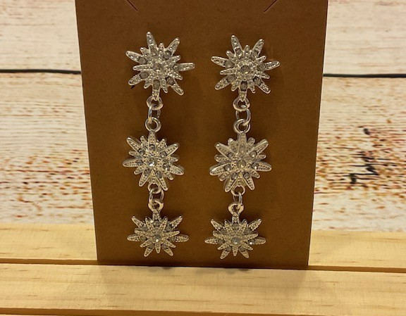 Crystal Snowflake Drop Earrings – Silver Tone – Elegant Sparkly Style