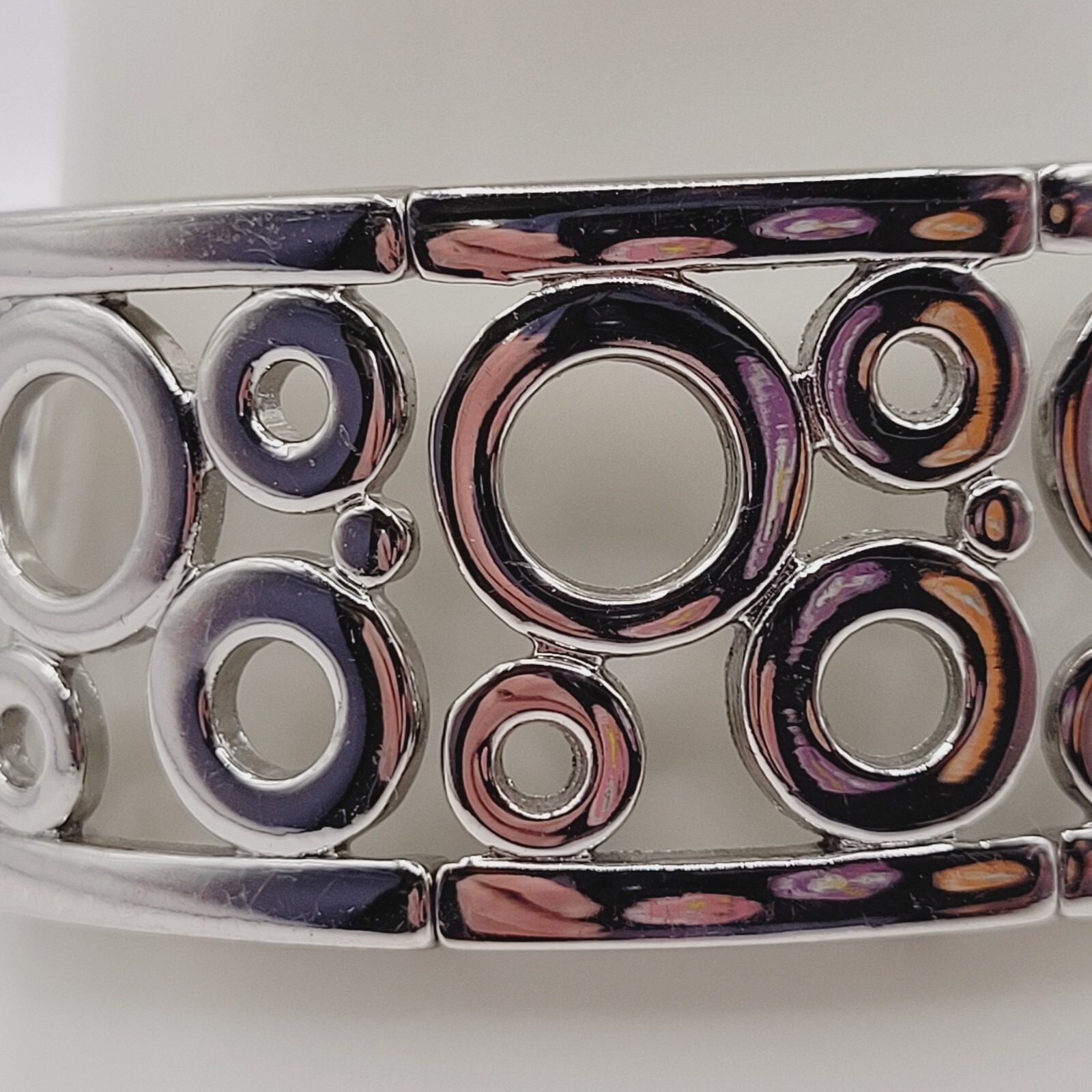 Modern Art Deco Open Circles Shiny Silver Tone Stretch Modernist Bracelet