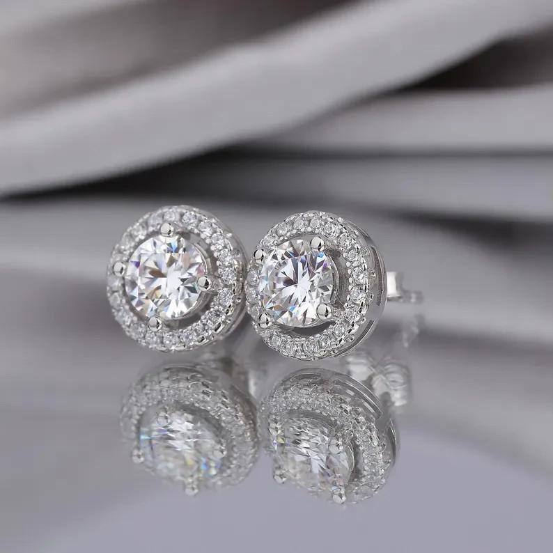 2Ct Round Cut Simulated Diamond Solitary Halo Stud Earring 14k White Gold Plated