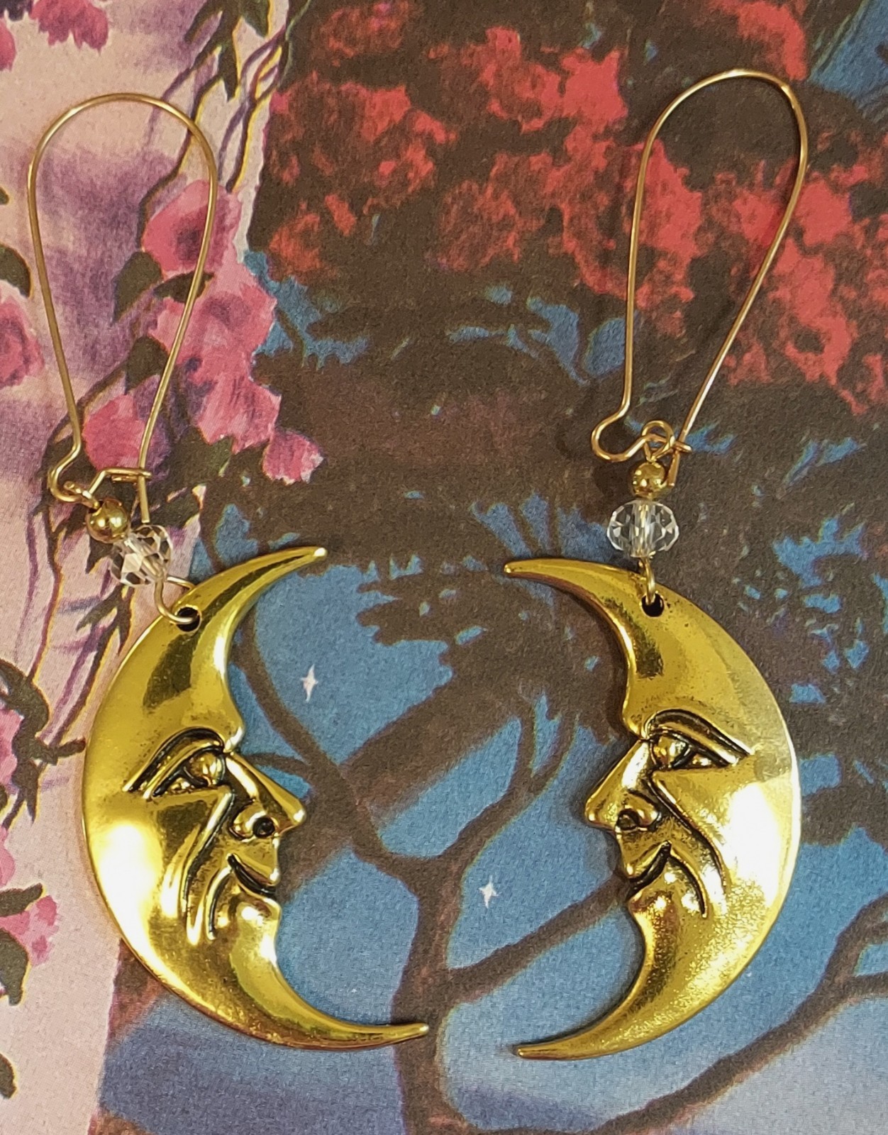 Moon Face Dangle Earrings Gold Tone Celestial Crescent Moon Statement