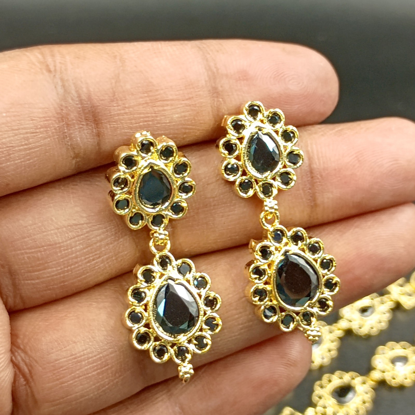 Boho 2 Layer Black Onyx Bead Necklace Set 22K Yellow Gold Plated Oval Stone Set