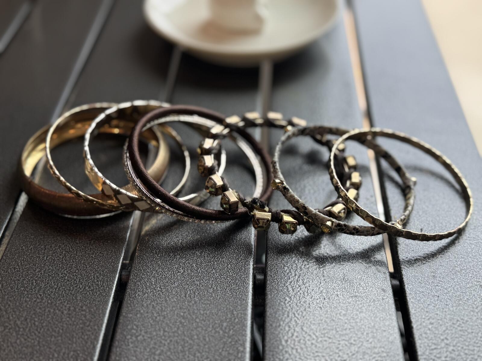 Set of 8 Mixed Metal Stackable Bangles with Beaded and Textured Details