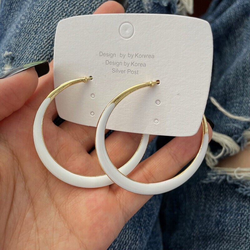 Awesome New Yellow Gold Plated White Enamel Accented Round 2″ Hoop Earrings