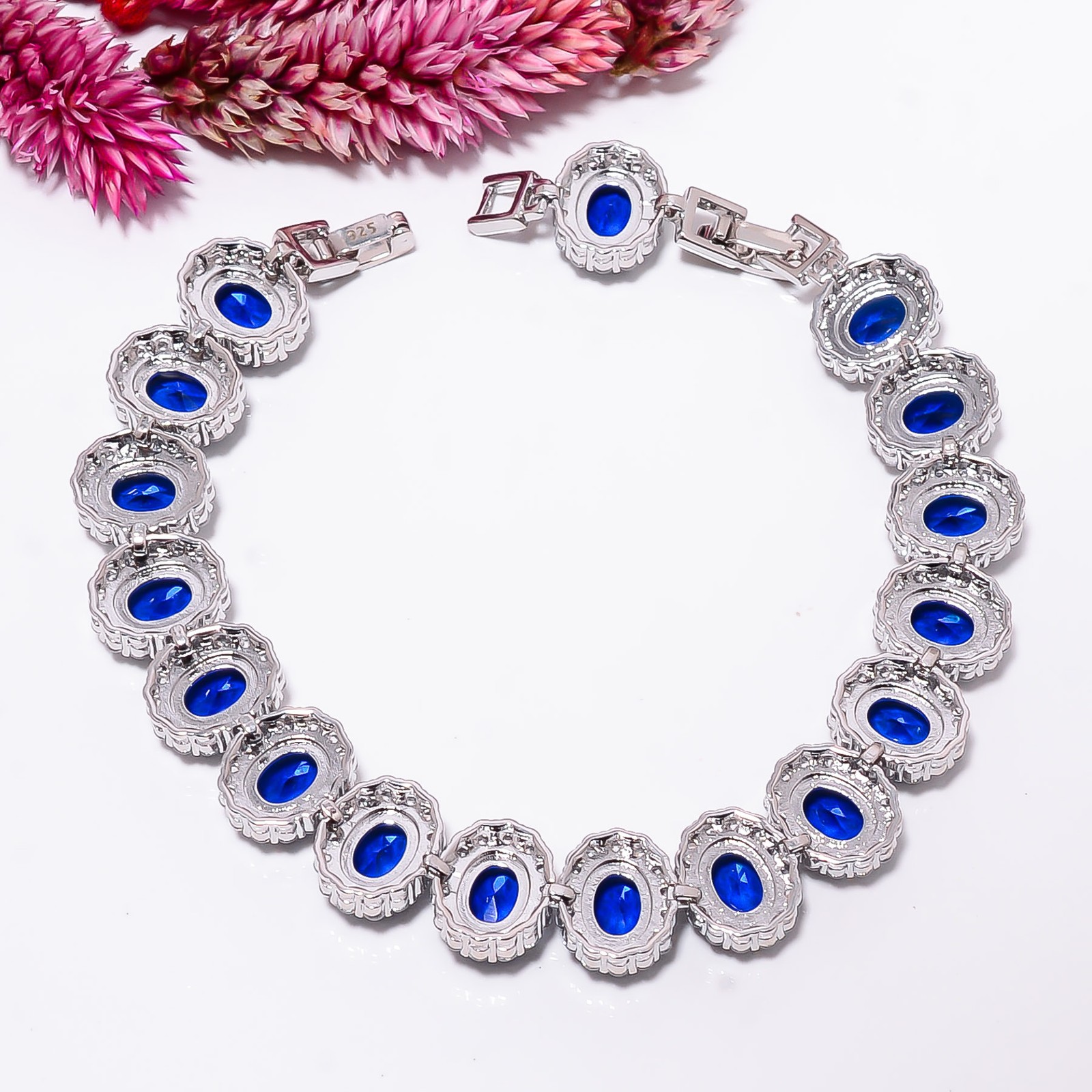 Blue Sapphire -Simulated, CZ 925 Sterling Silver Adjustable Bracelet 7-8″ B1822