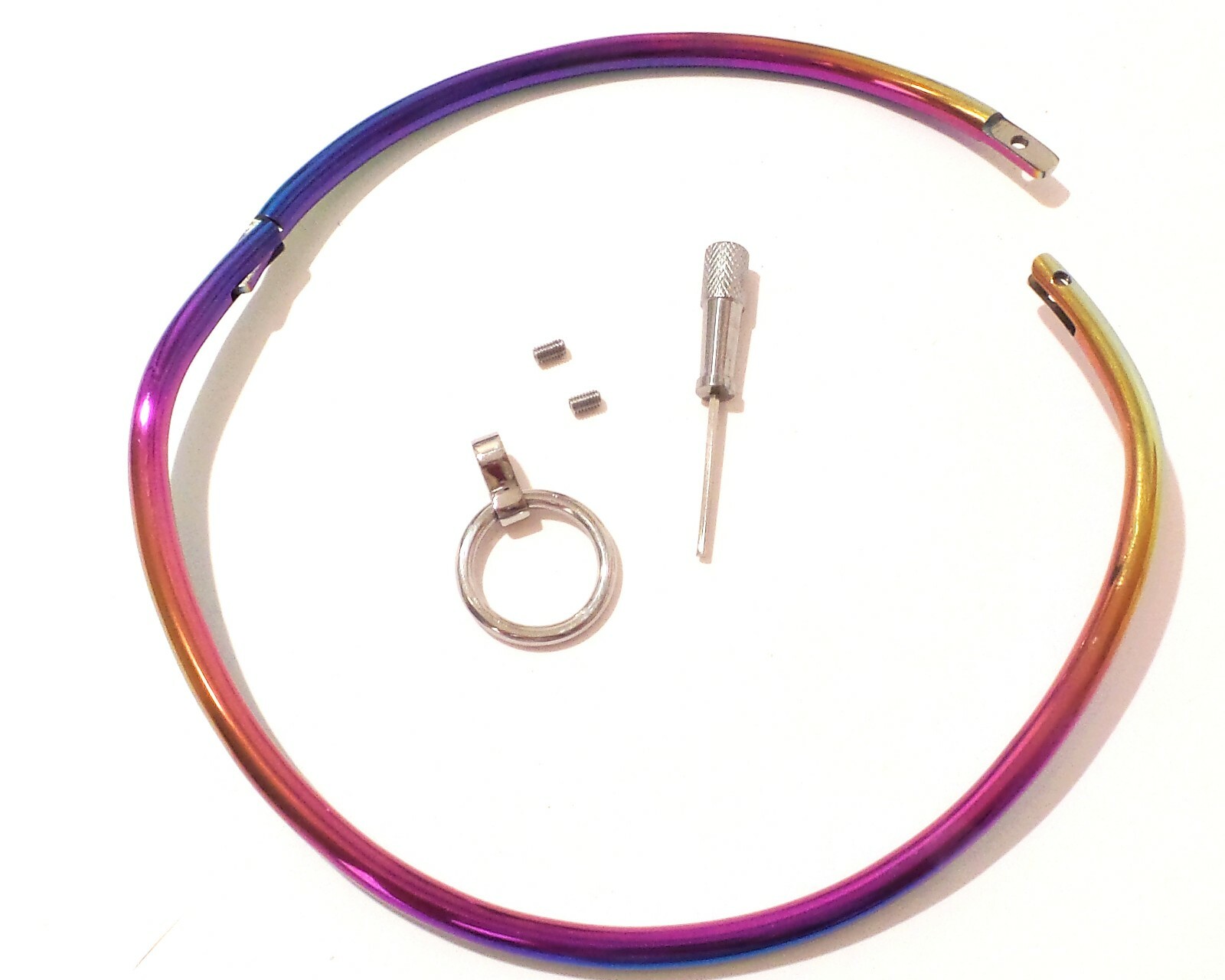 16″ 6mm Rainbow Petite Thin Locking Collar Stainless Curved Choker Collar w/Ring