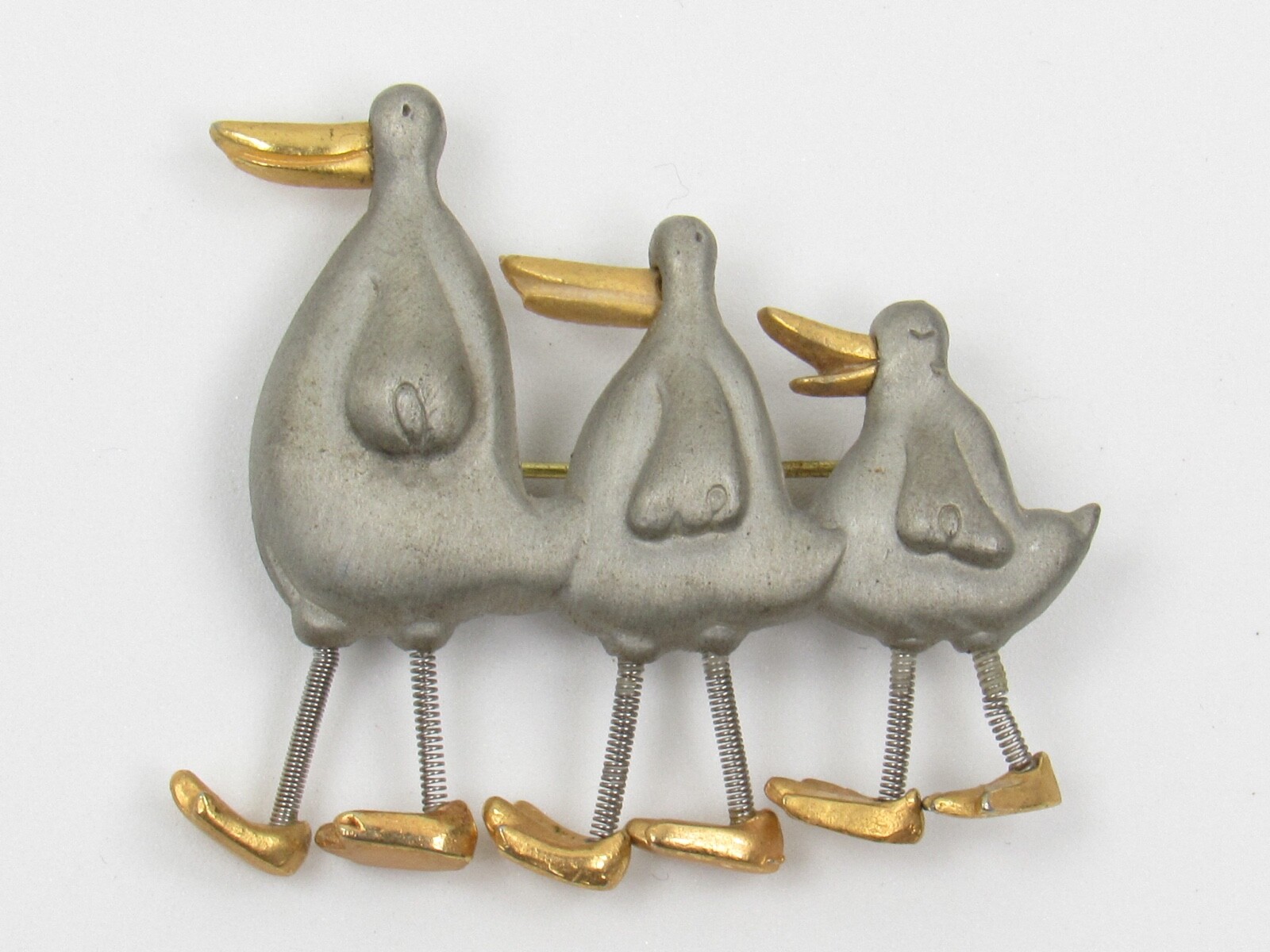 Hallmark Brooch Duck Family Pewter with Spring Coil Legs Trio Three Ducks Pin