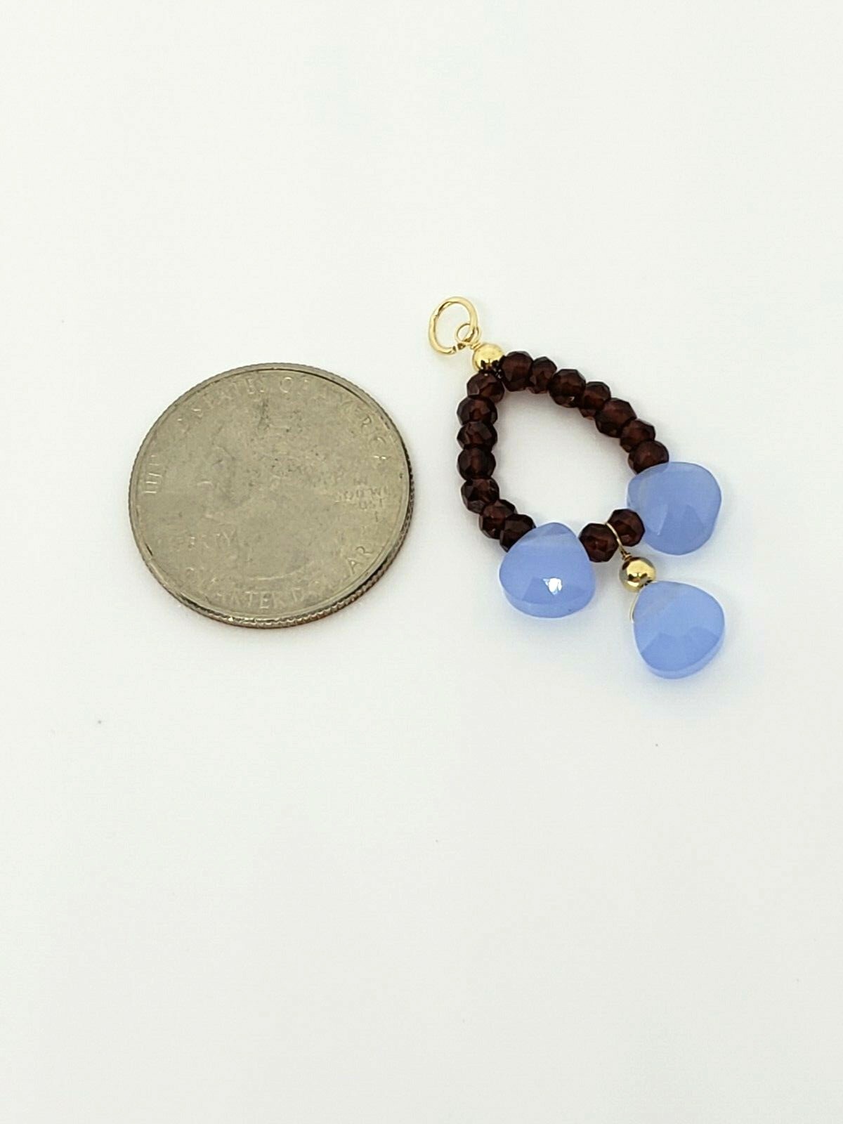 14k Yellow Gold Red Garnet and Blue Chalcedony Beaded Pendant