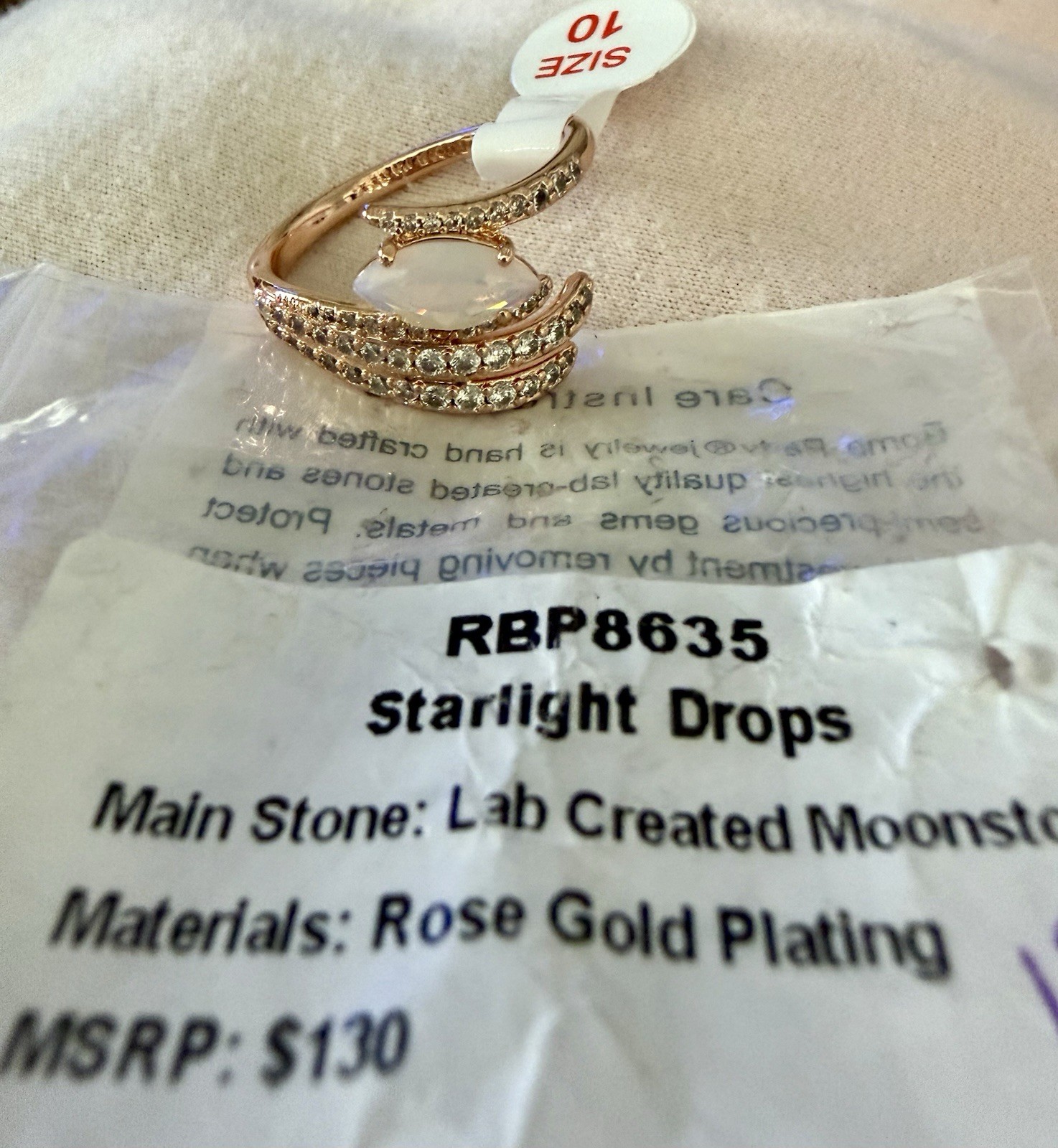 RBP8635 Starlight Drops, Moonstone Rose Gold Plating Ring Sz 10, I BUNDLE!!