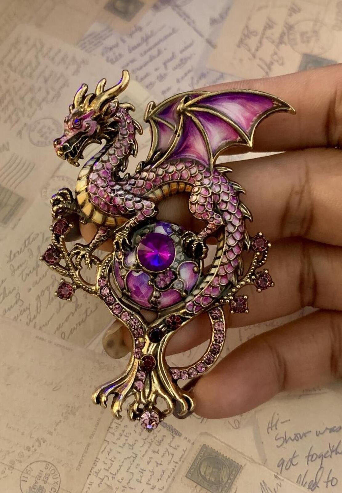 Ornate Fantasy Dragon Brooch With Crystal Orb Mythical Statement Pin