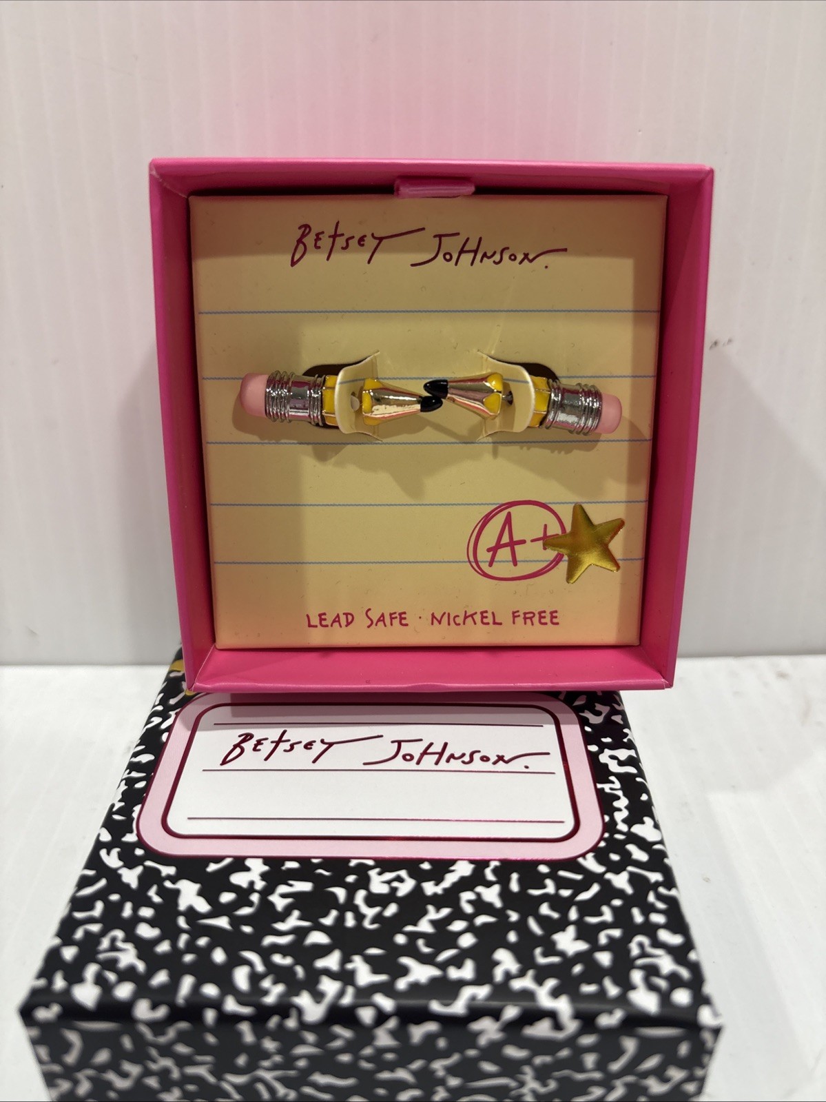 Betsey Johnson Silver Tone & Yellow Enamel Pencil Front Back Stud Earrings NWT