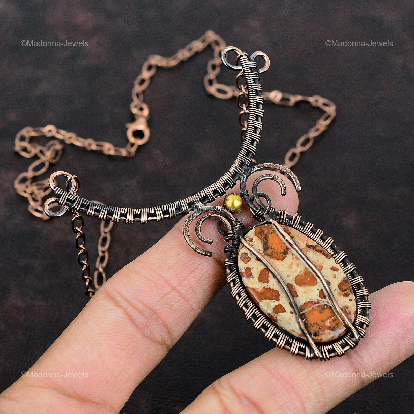 Oval Asteroid Jasper Gemstone Copper Sister Chain Wire Wrapped Birthday Necklace