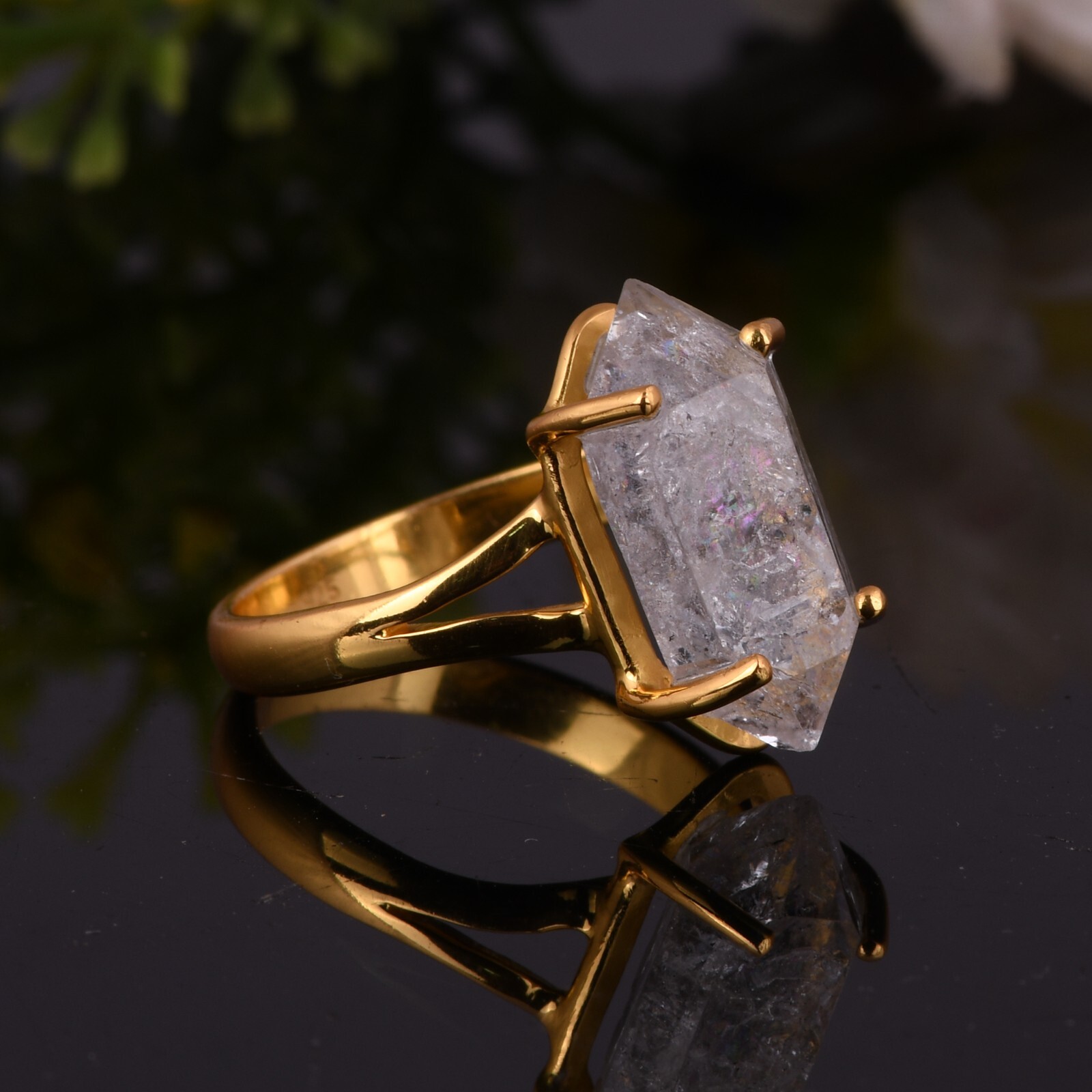 Raw Herkimer Diamond Gemstone Ring Handmade Rough Crystal Jewelry For Women