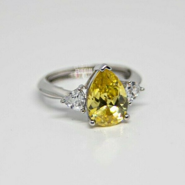 New Avon Yellow Pear Shaped CZ Silver Large Cocktail Ring Sz 5 6 7 8 9 10 11