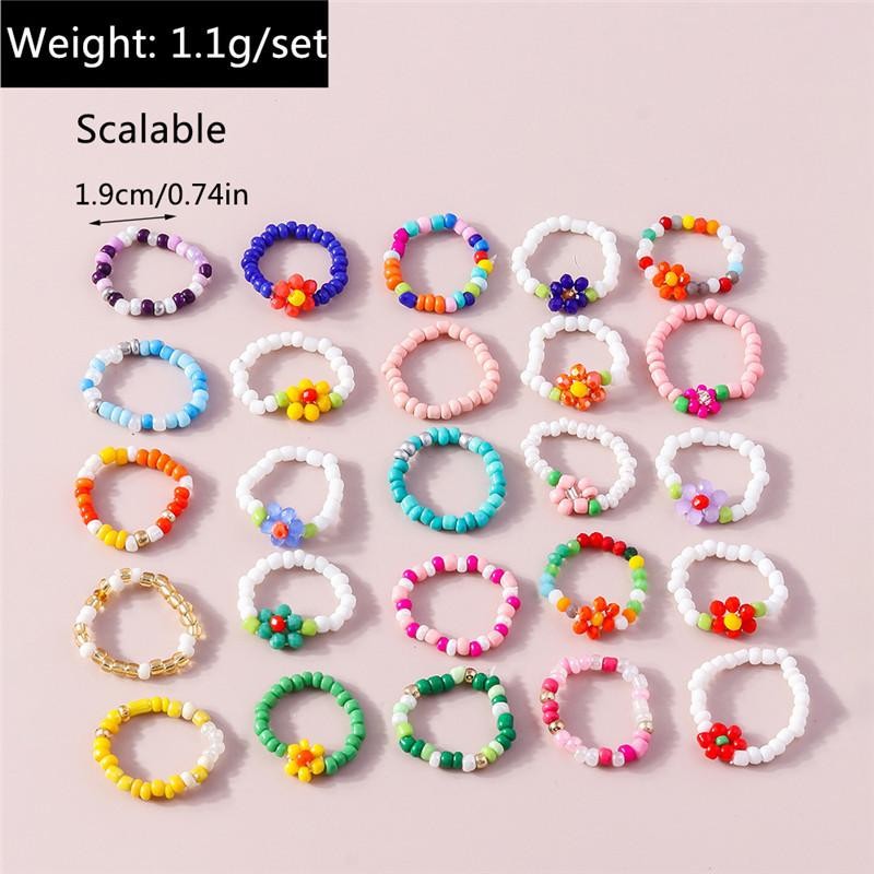Bohemian Handmade Colorful Flower Beaded Ring Set for Women Beach Jewelry Gift