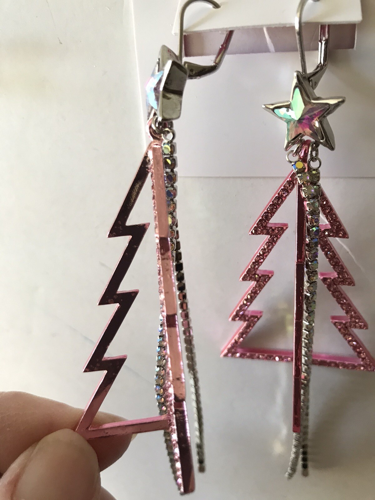 BETSEY JOHNSON PINK HOLIDAY TREE WITH RHINESTONE FRINGE DROP EARRINGS NWT