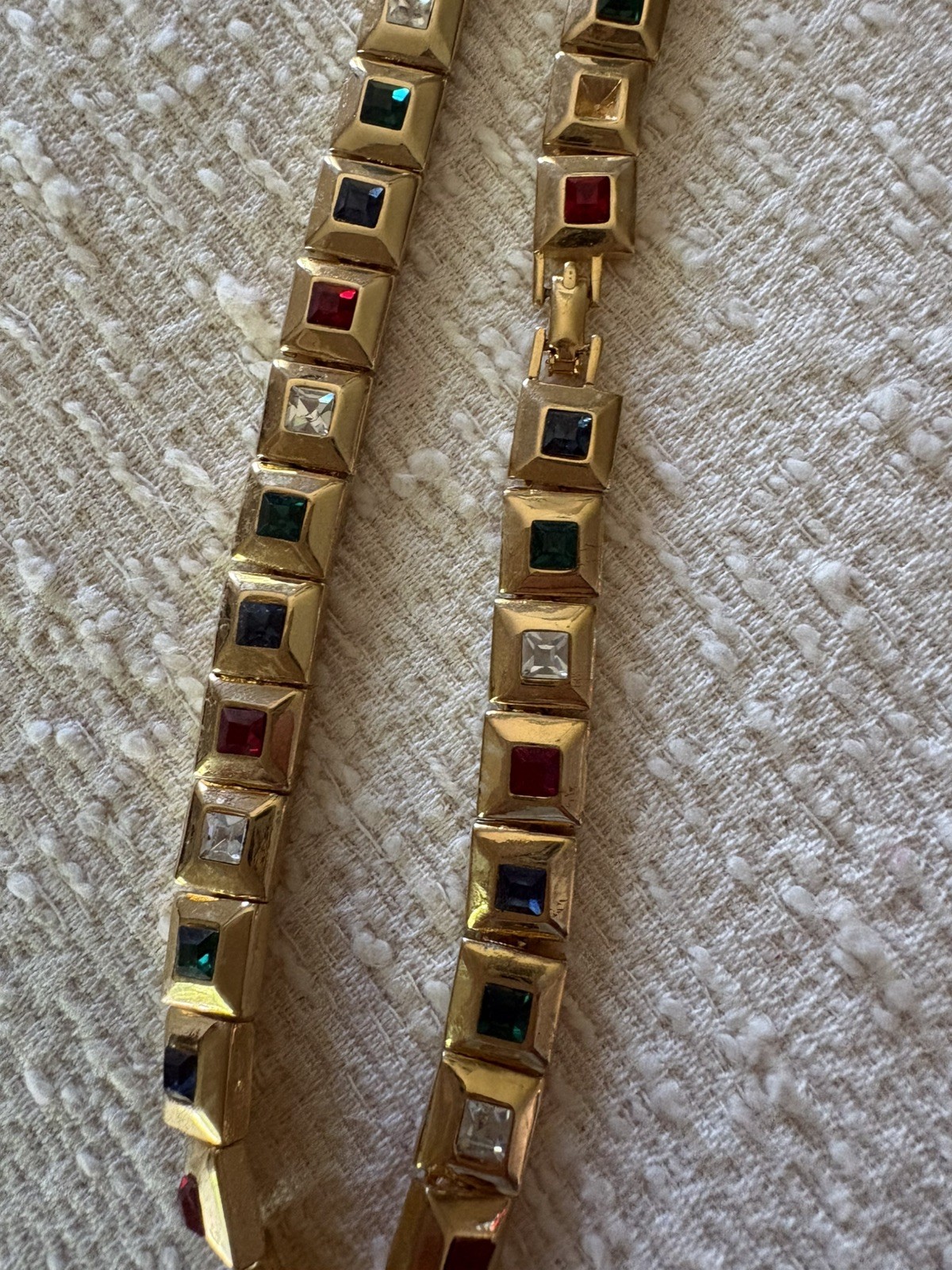 Colorful Squares of Rhinestones Set in Gold Toned Necklace