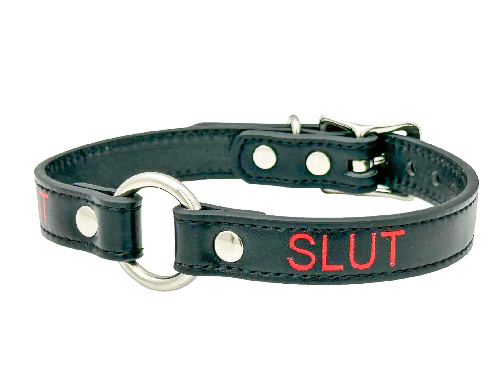Name SILVER Ring RED Choker BDSM Collar Vegan Leather Necklace O Ring Fetish