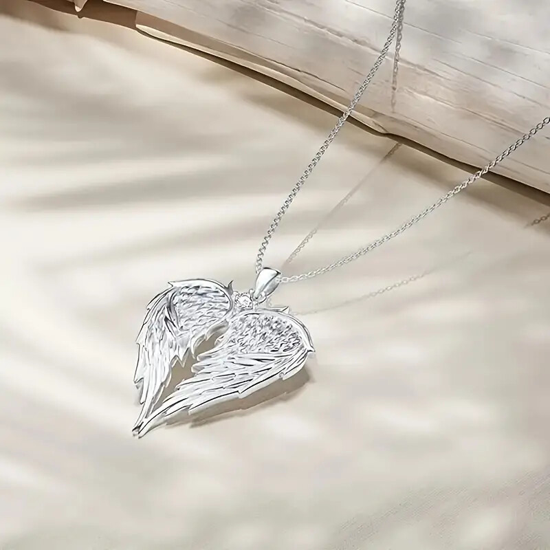 Elegant Angel Wing Heart Shaped Pendant Necklace Men Women Trendy Silver Color