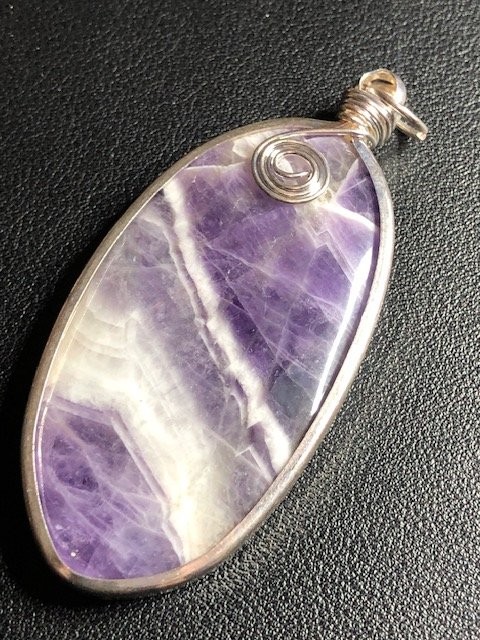 B4347 Silver tone Chevron Amethyst Pendant Large Wire Wrapped Gemstone 84mm