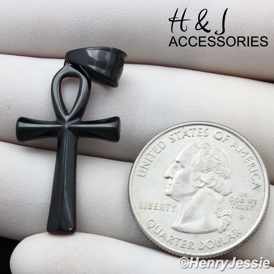 16″-30″MEN Stainless Steel 2mm Black Plated Box Chain Ankh Cross Pendant*ABP112
