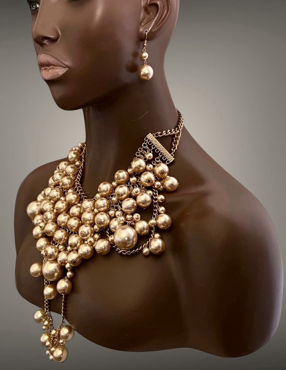 Champagne Light Brown Faux Pearl Statement Bib Necklace Earrings Jewelry Set