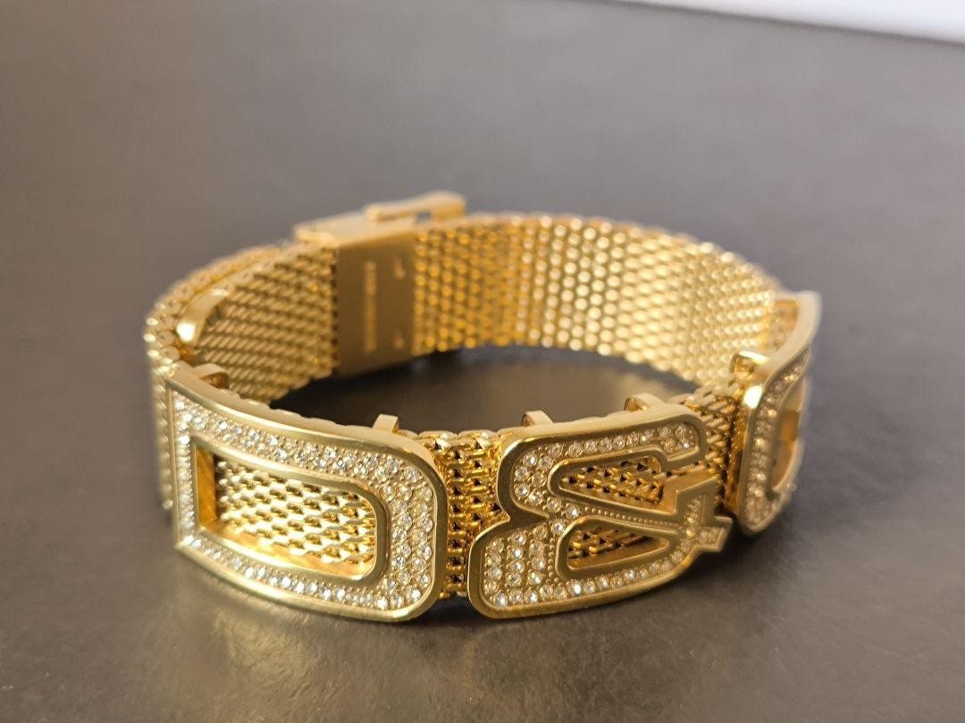 Dolce & Gabbana Bracelet Cuff Bangle Mesh Pattern Gold Logo Length: 9 in.