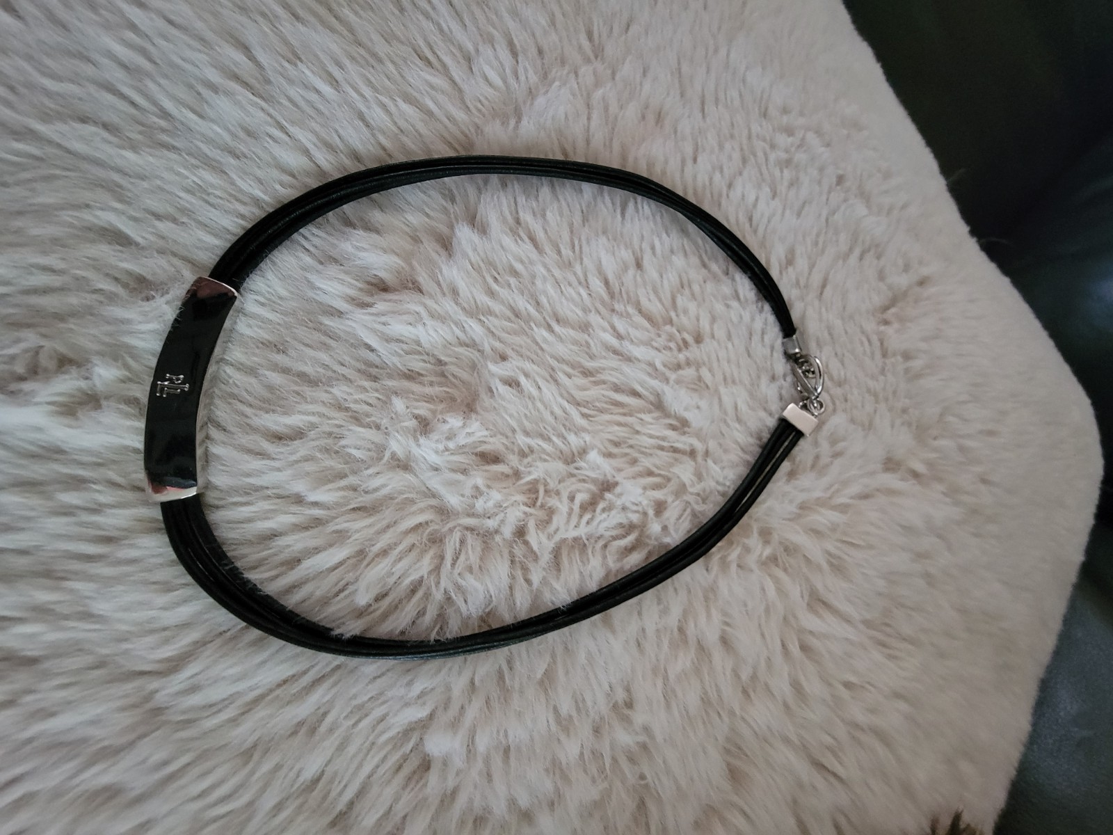 Classic Ralph Lauren Black Leather Multi-Strand Choker Necklace Silver Tone Bar