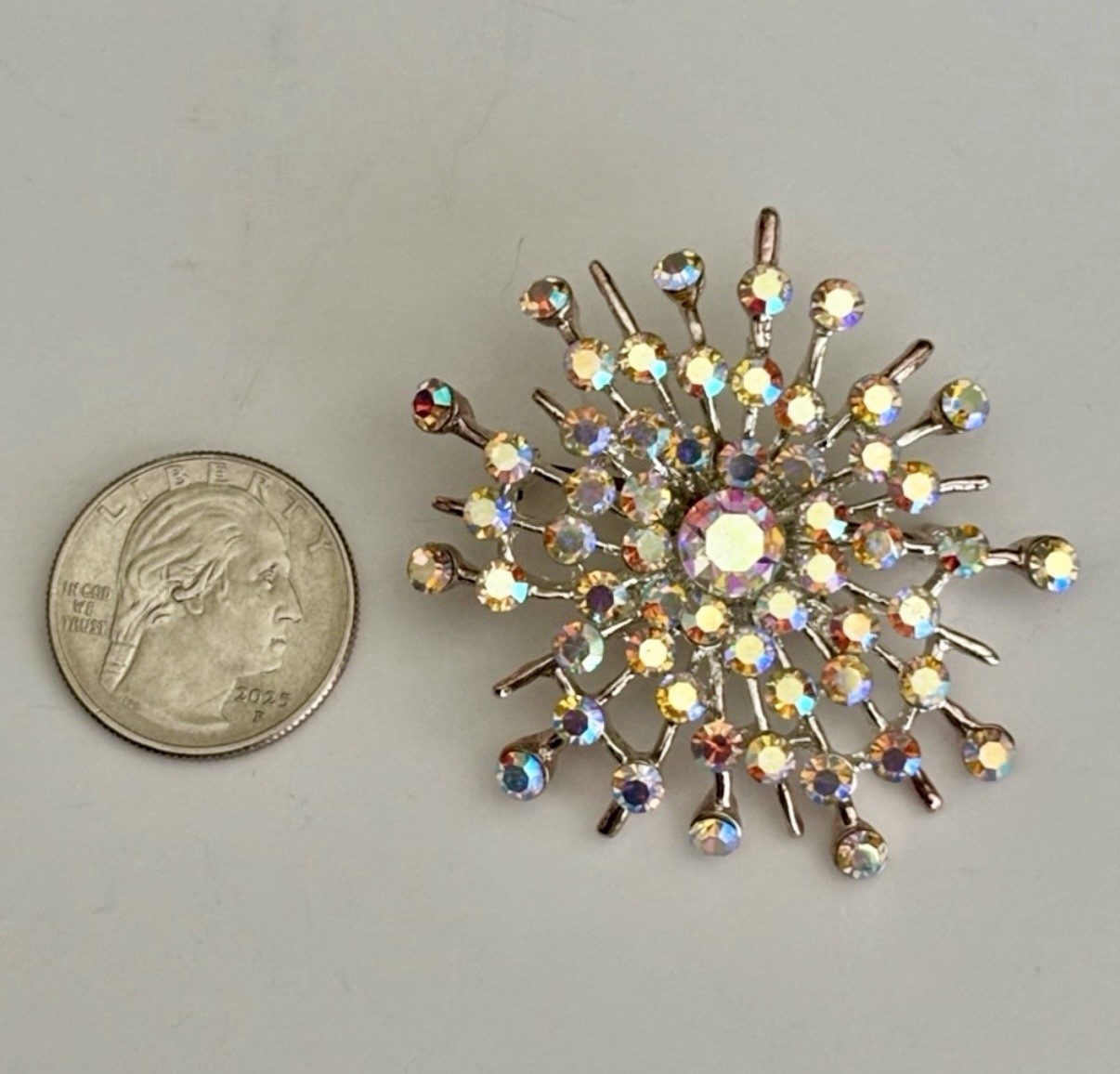 Vintage 1960s Aurora Borealis Rhinestone Starburst Brooch Pendant Sputnik AB Pin