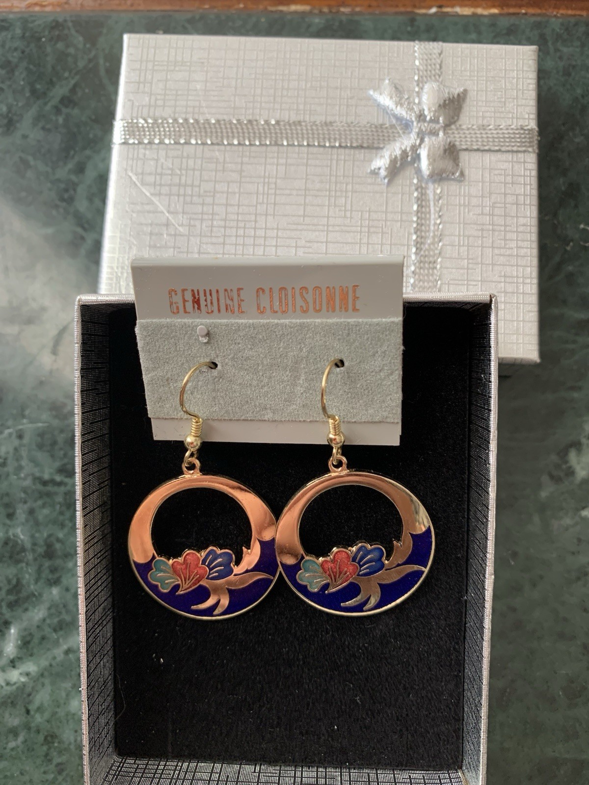 New Cloisonné Gold Blue Red Green Floral Round Dangle Drop Earrings Enamel Hook