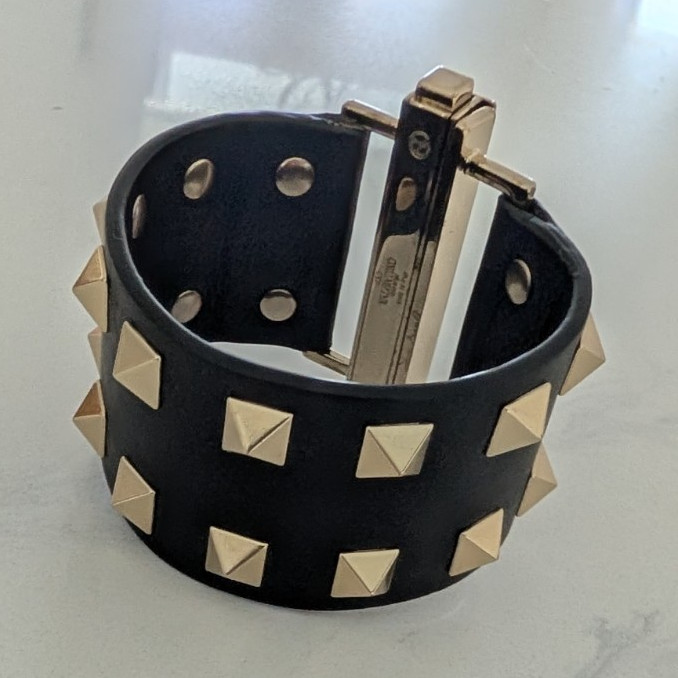 VALENTINO Black Leather Rockstud Wide Cuff Bracelet s Small