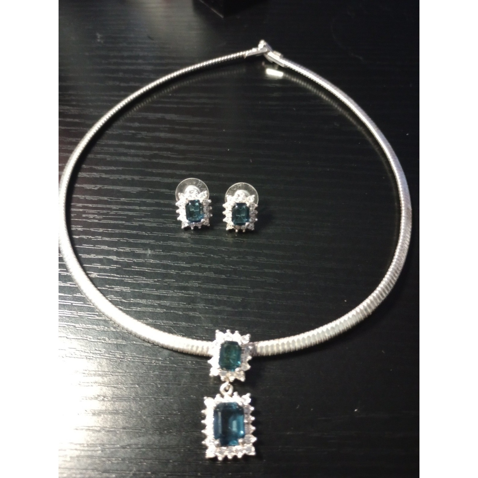 Roman Inc Blue Emerald Cut Crystal Halo Necklace & Stud Earring Set Silver Tone