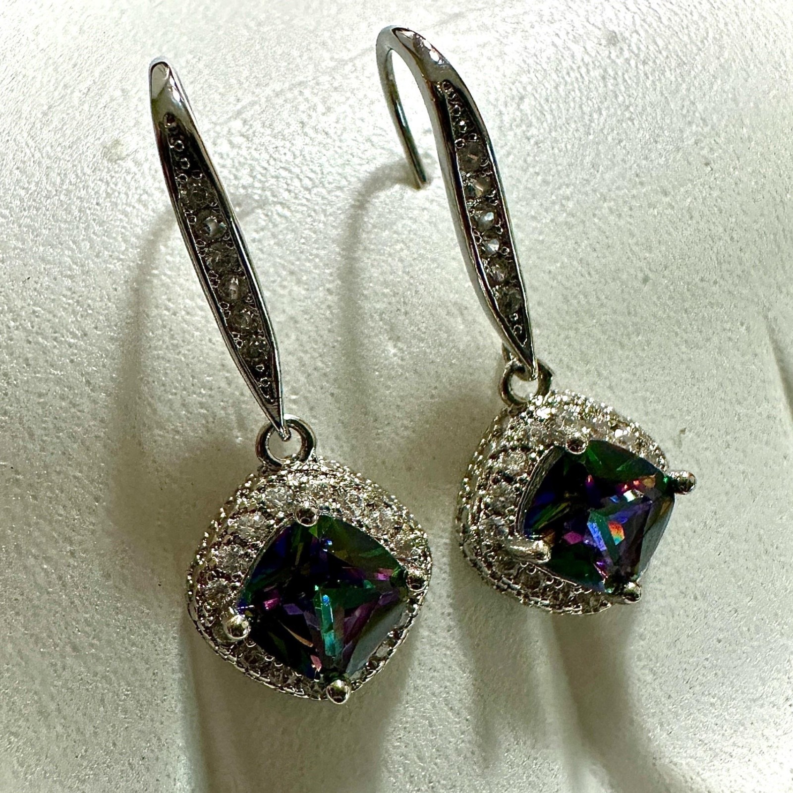 Mystic Topaz CZ Earrings 6mm Silver Plated 35mm Rainbow Dangle Drops