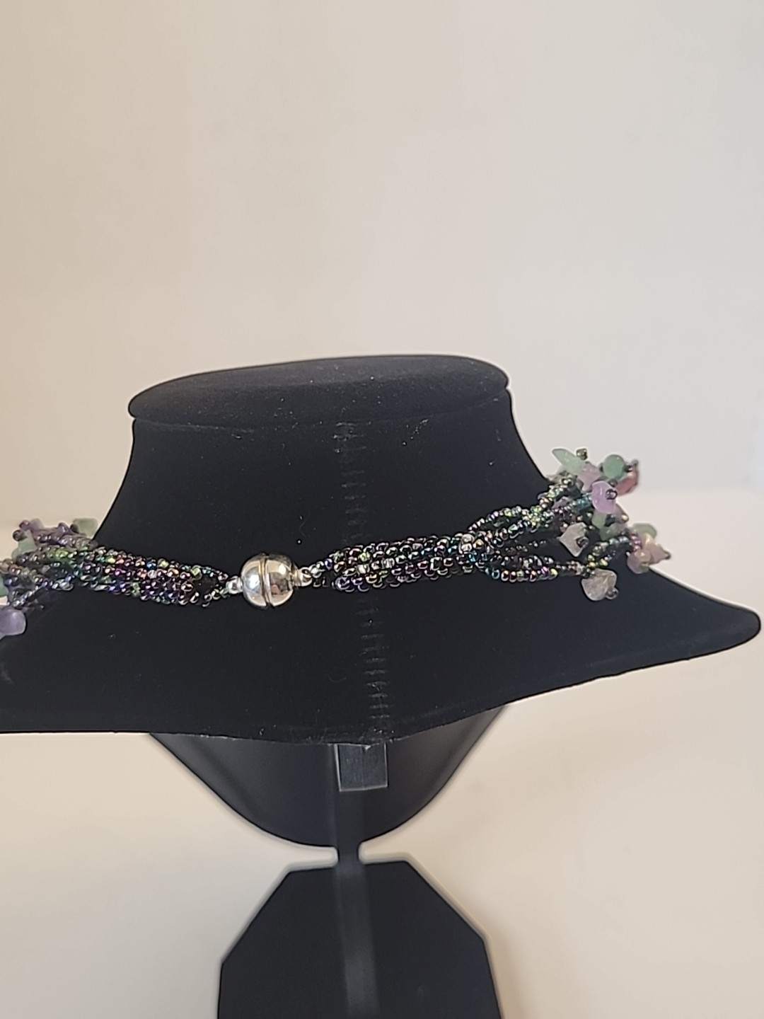 Multi-strand Semi-precious Stone Chips & Glass Seed Bead Statement Necklace 19″