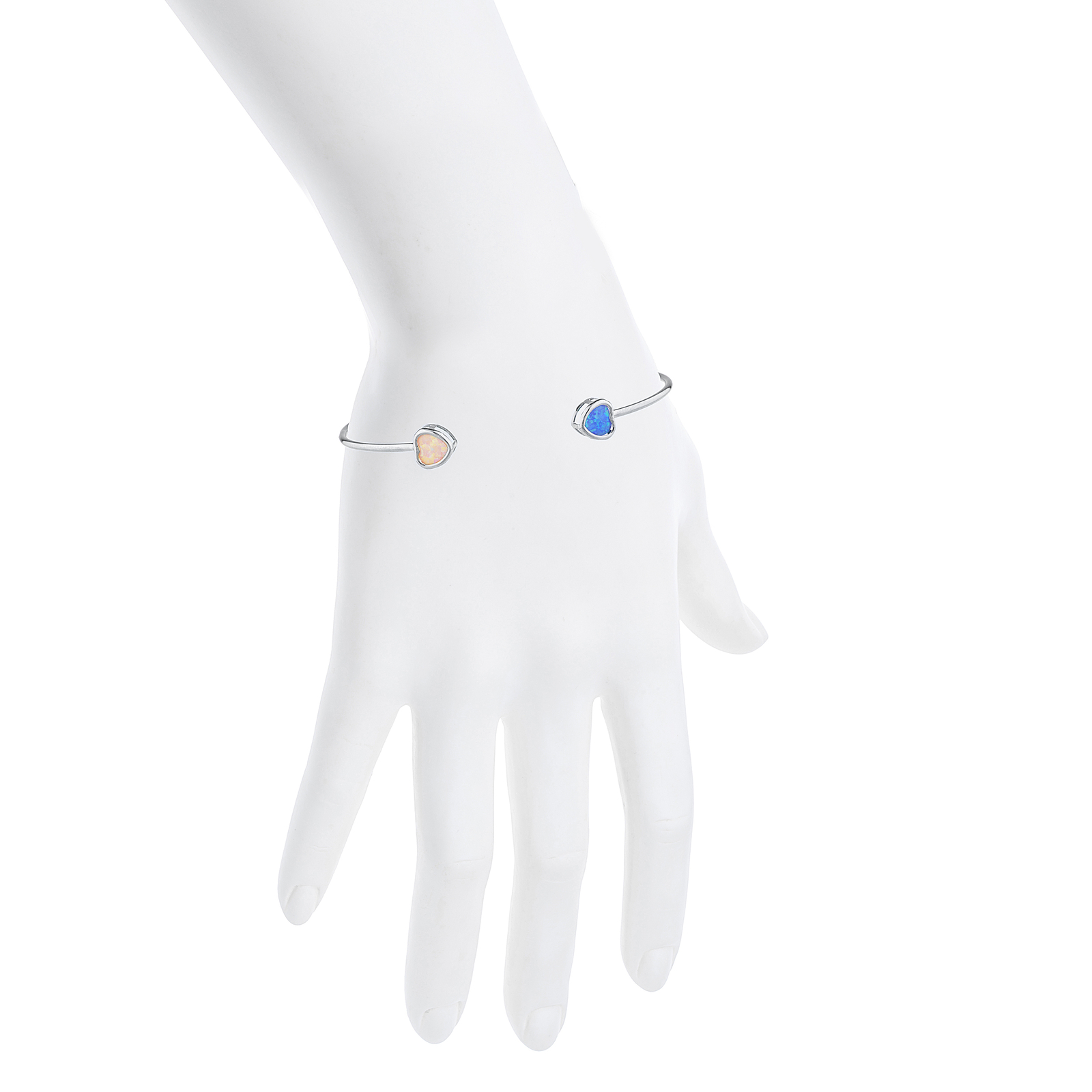 14Kt Gold Blue & Pink Opal Heart Bezel Bangle Bracelet